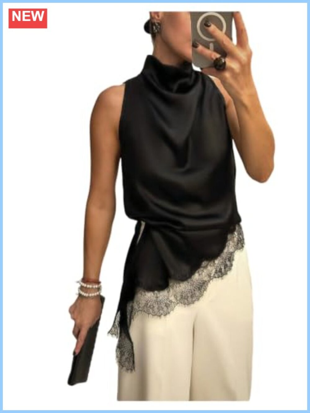 Satin Asymmetrical Lace Tank Top Sleeveless Cowl Neck Women's